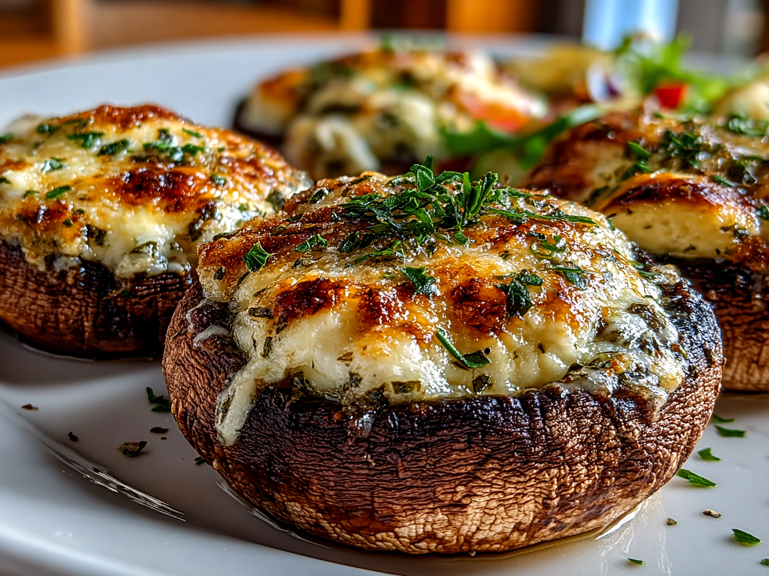 Home cook, taken with iPhone 14 Pro. Close-up slight angle of freshly prepared Baked Stuffed Portobello Mushrooms on white plate. Warm appetizing --ar 4:3 --style raw --s 245