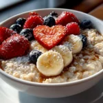 Home cook, taken with iPhone 14. Close-up slight angle of comforting Valentines Oatmeal Bowl on white plate. Fresh vibrant --ar 4:3 --style raw --s 230