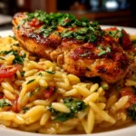 Home cook, taken with iPhone 14. Close-up slight angle of delicious Mediterranean Chicken Orzo on white plate. Fresh vibrant --ar 4:3 --style raw --s 240