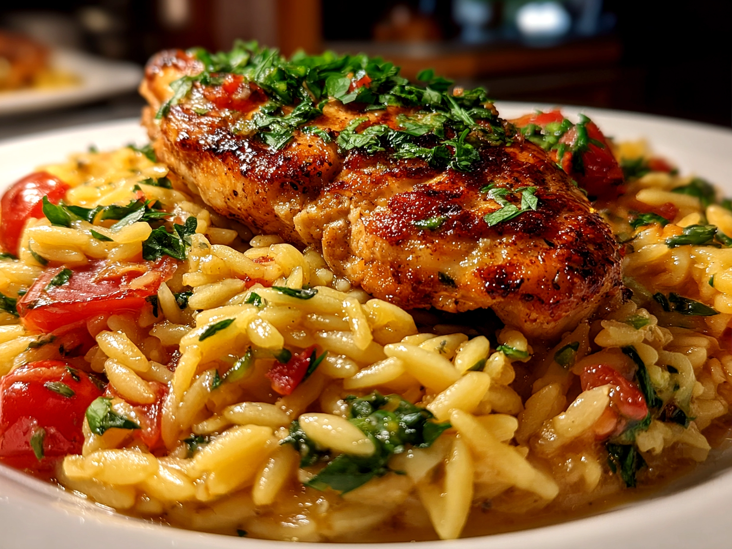 Home cook, taken with iPhone 14. Close-up slight angle of delicious Mediterranean Chicken Orzo on white plate. Fresh vibrant --ar 4:3 --style raw --s 240