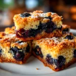 Homemade sourdough blueberry breakfast bars on white plate