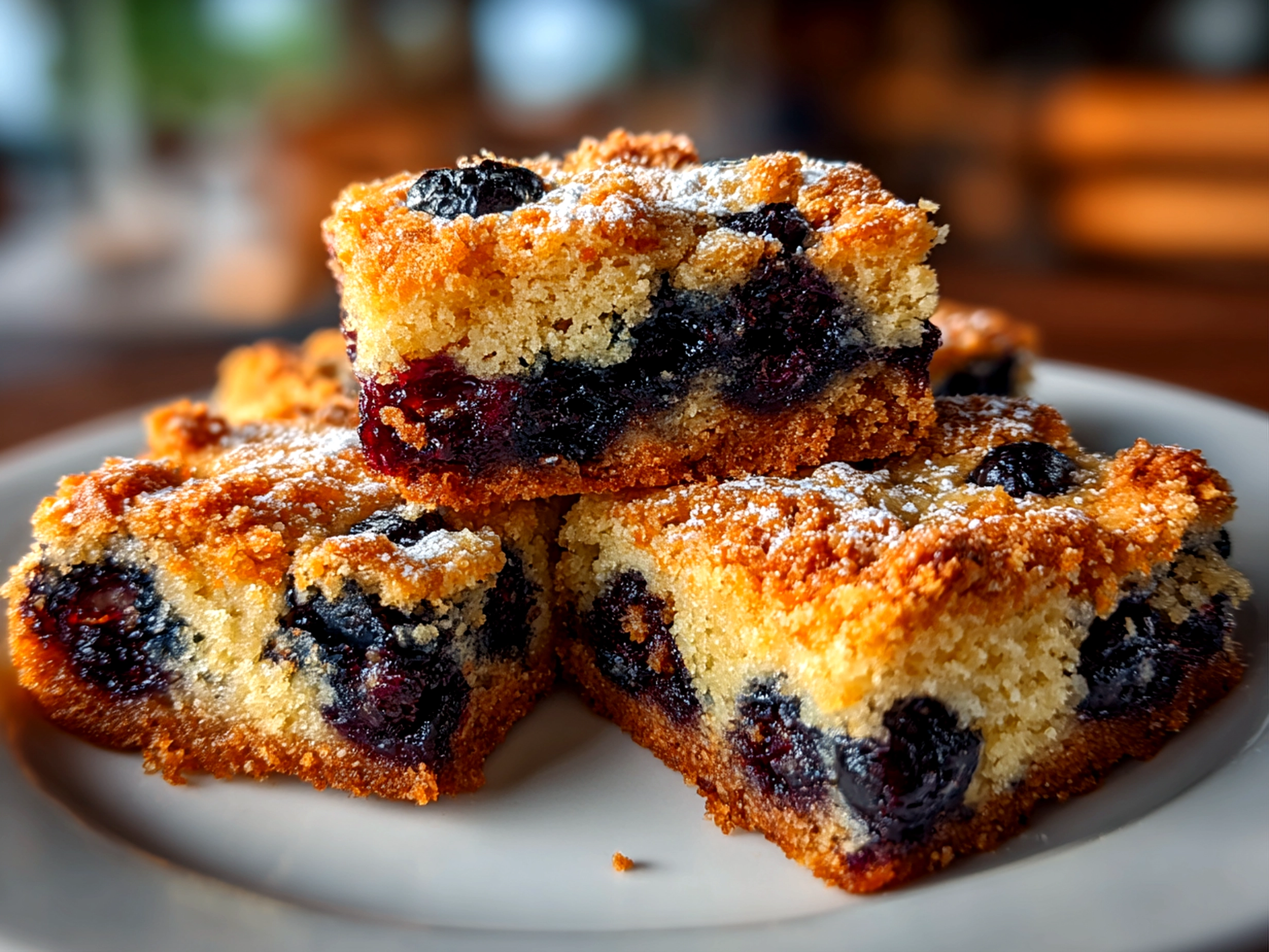 Homemade sourdough blueberry breakfast bars on white plate