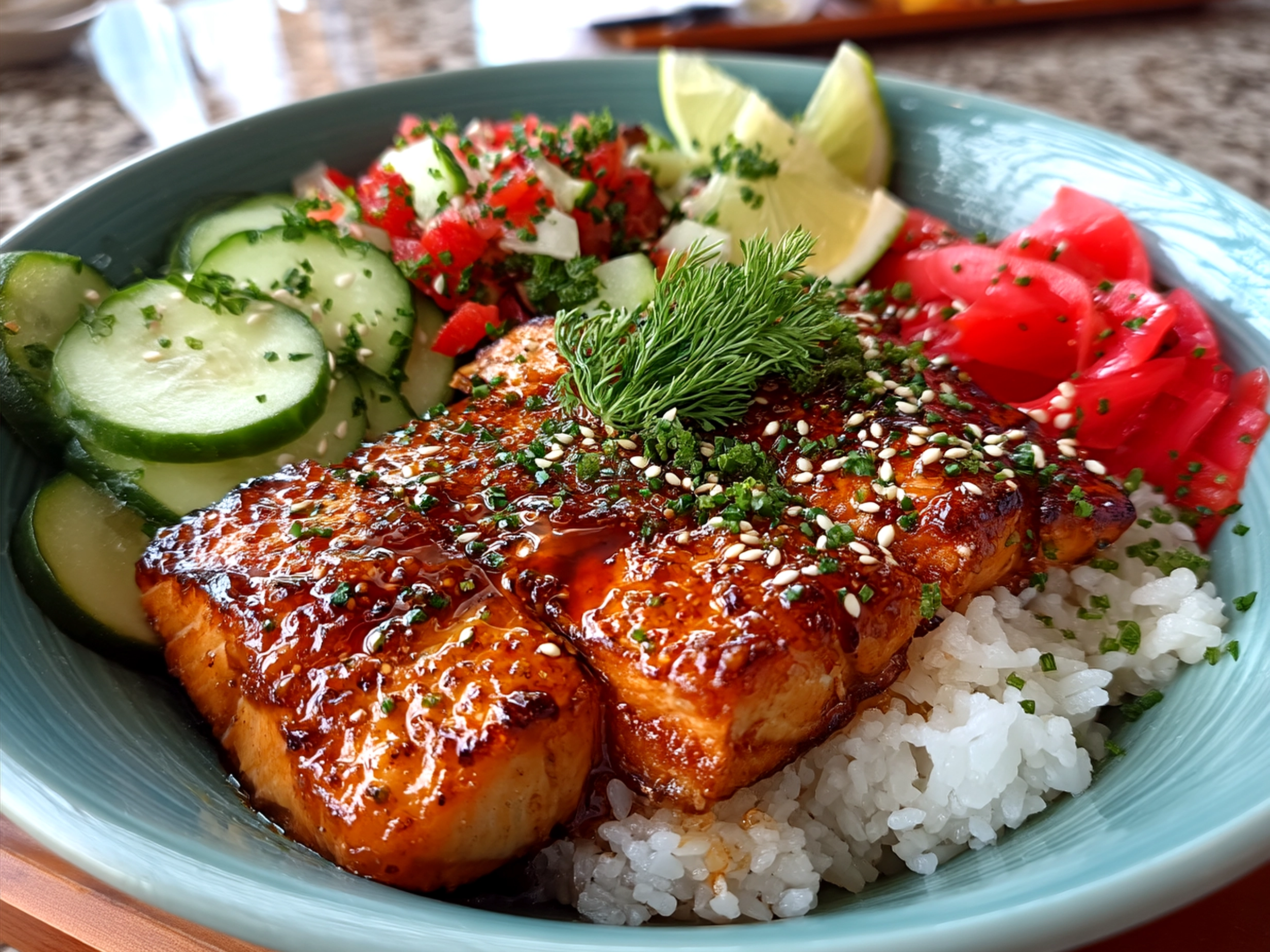 Finished Honey Glazed Salmon Bowl served with rice and fresh vegetables