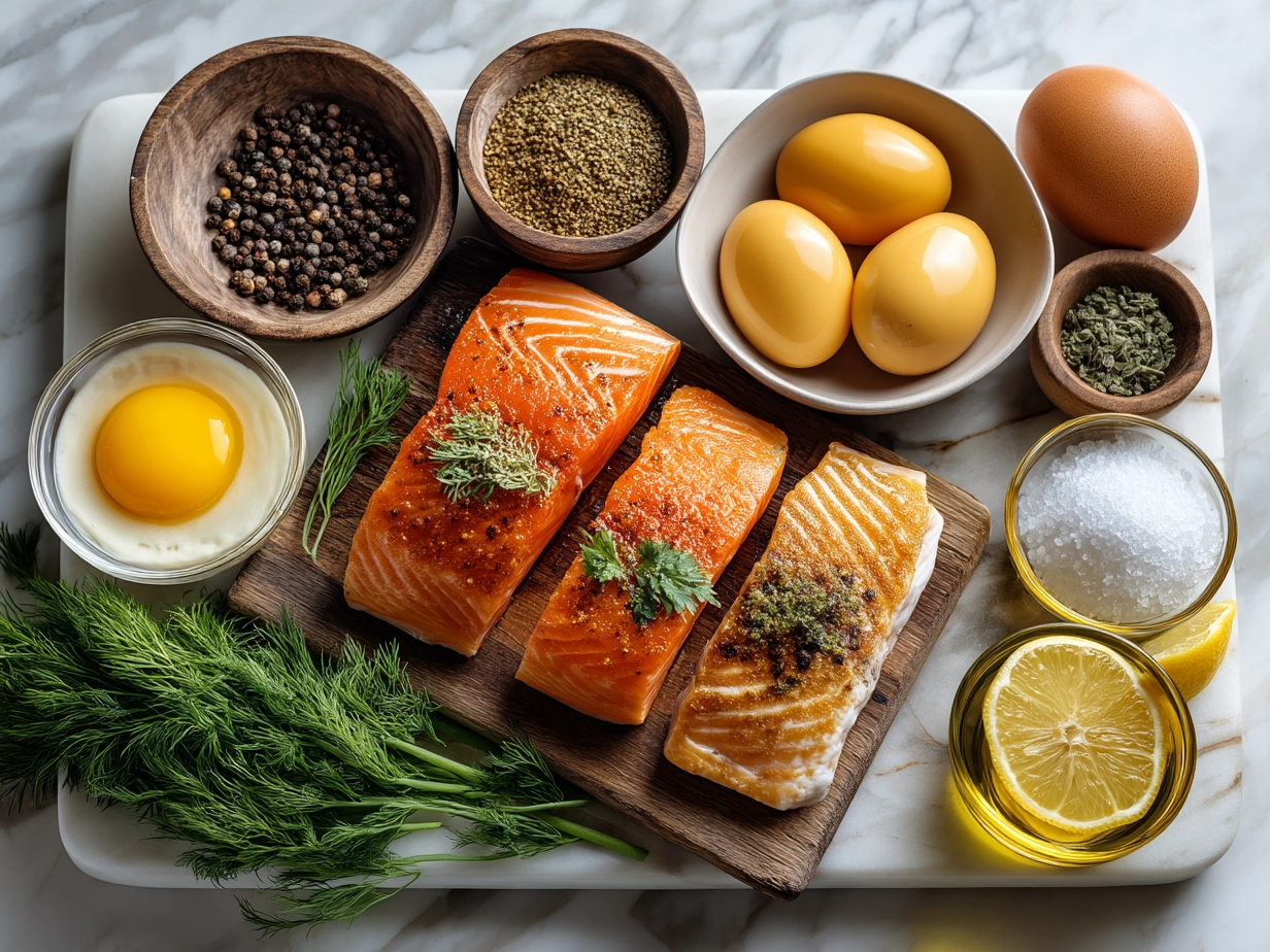 Ingredients laid out for Honey Glazed Salmon Bowl including salmon fillets, honey, soy sauce, garlic, ginger, rice, and fresh vegetables