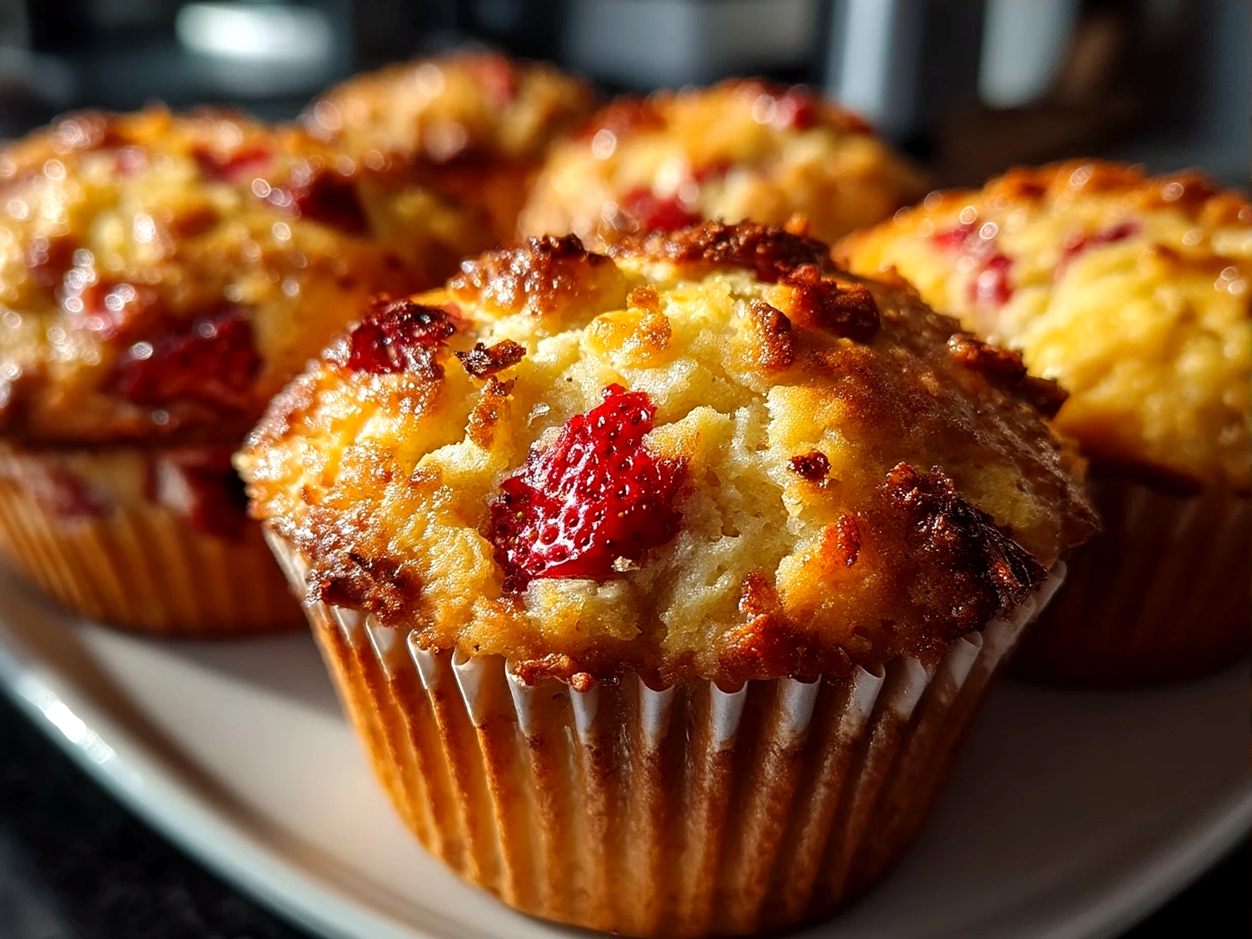 Freshly baked Keto Strawberry Muffins with Almond Flour served on a plate