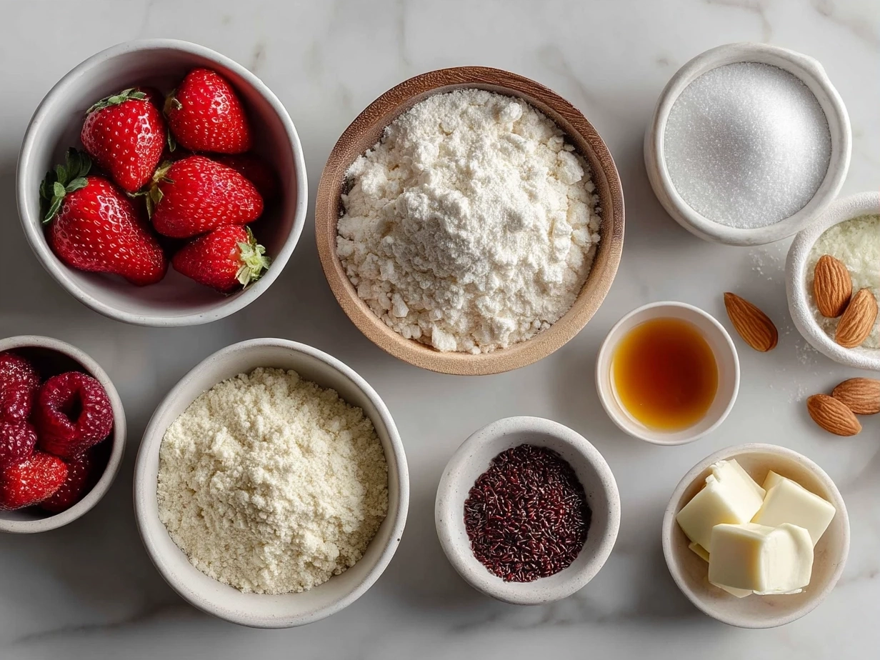 Ingredients for Keto Strawberry Muffins with Almond Flour arranged in bowls and measuring cups