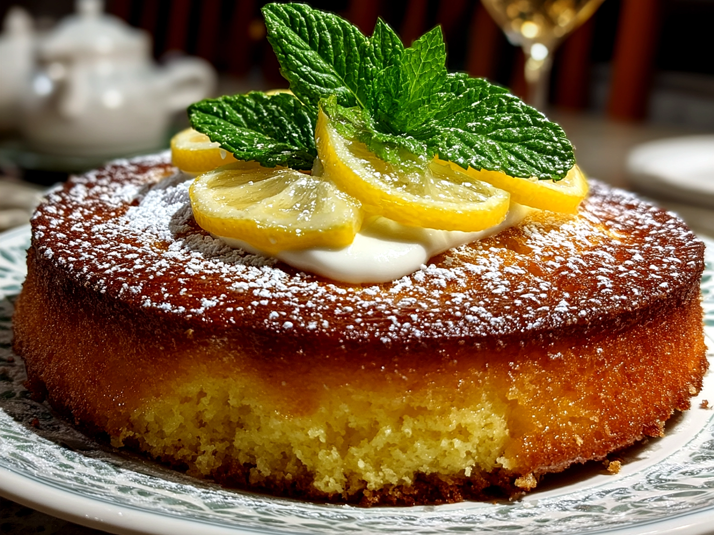 Finished Limoncello Mascarpone Cake served on a white plate with lemon slices