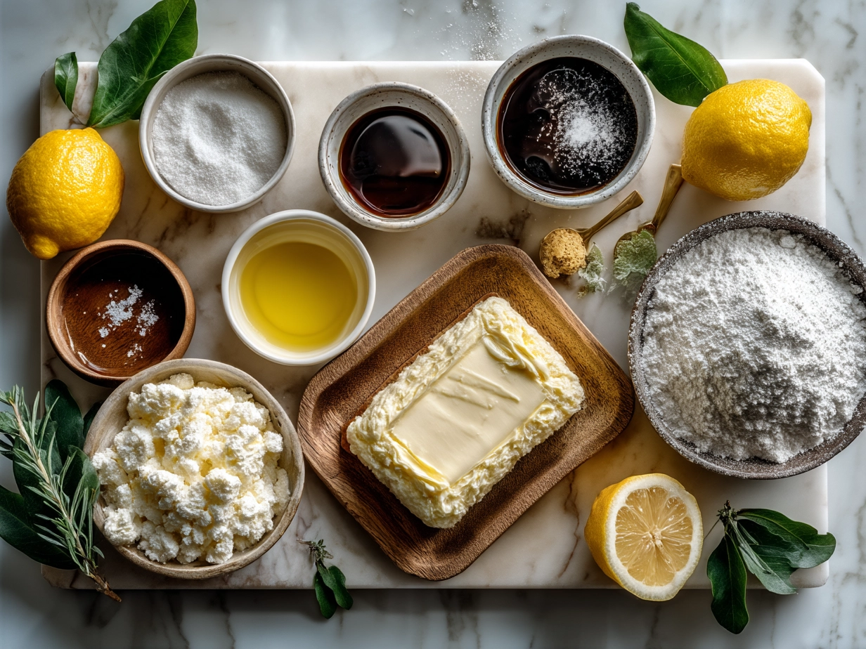 Ingredients for Limoncello Mascarpone Cake laid out on a kitchen table