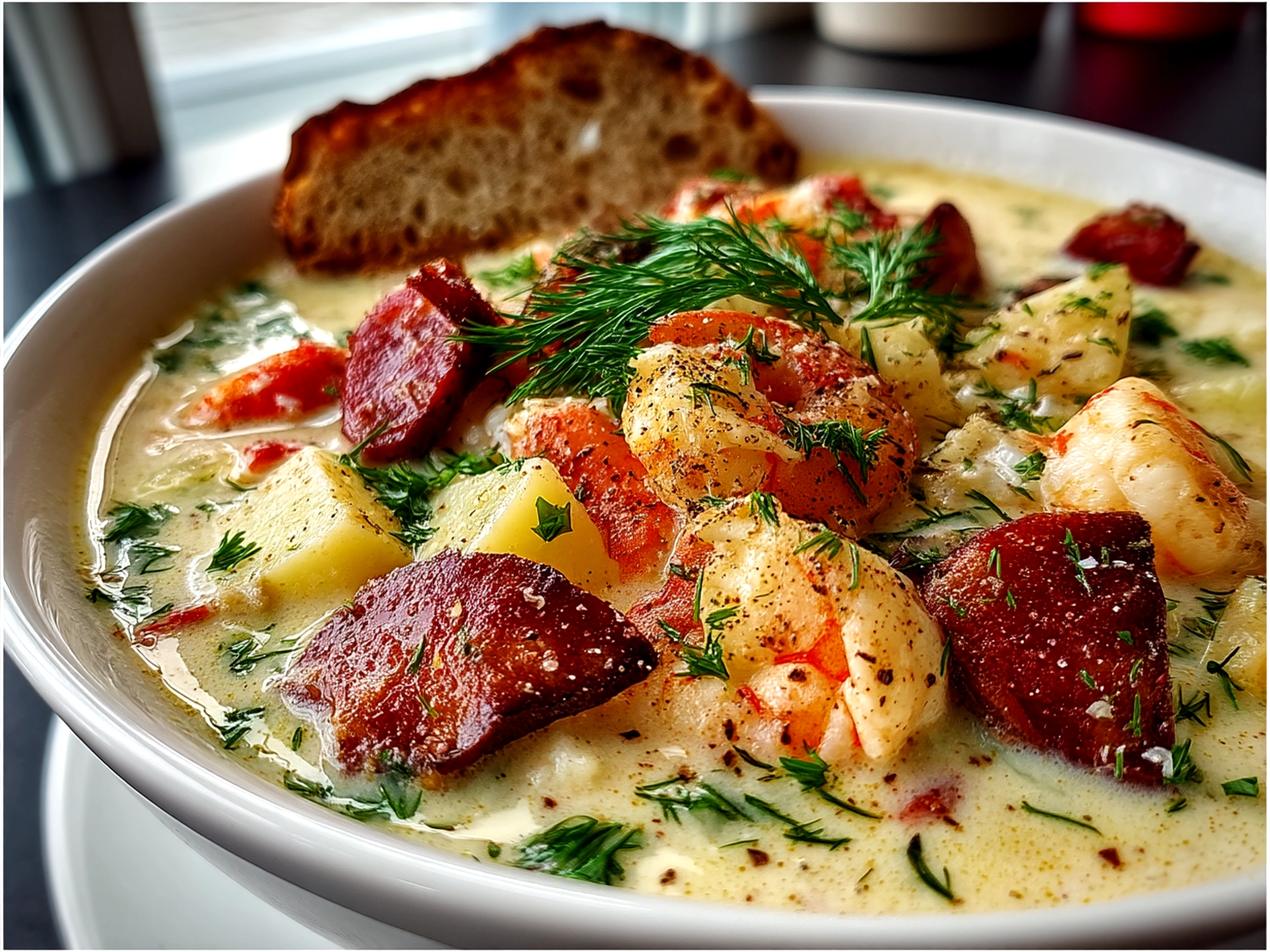 Bowl of creamy Nova Scotia Seafood Chowder garnished with parsley