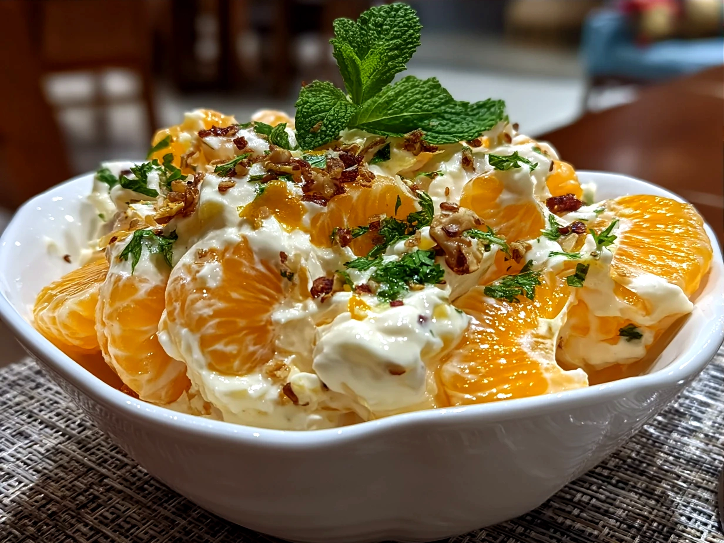 Chilled Orange Dreamsicle Salad served in a clear bowl showing vibrant citrus and creamy texture