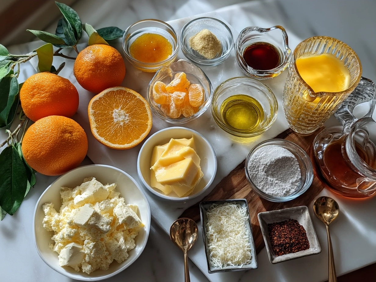 Ingredients for Orange Dreamsicle Salad including cream cheese, sour cream, mandarin oranges, pineapple, marshmallows, coconut, and nuts