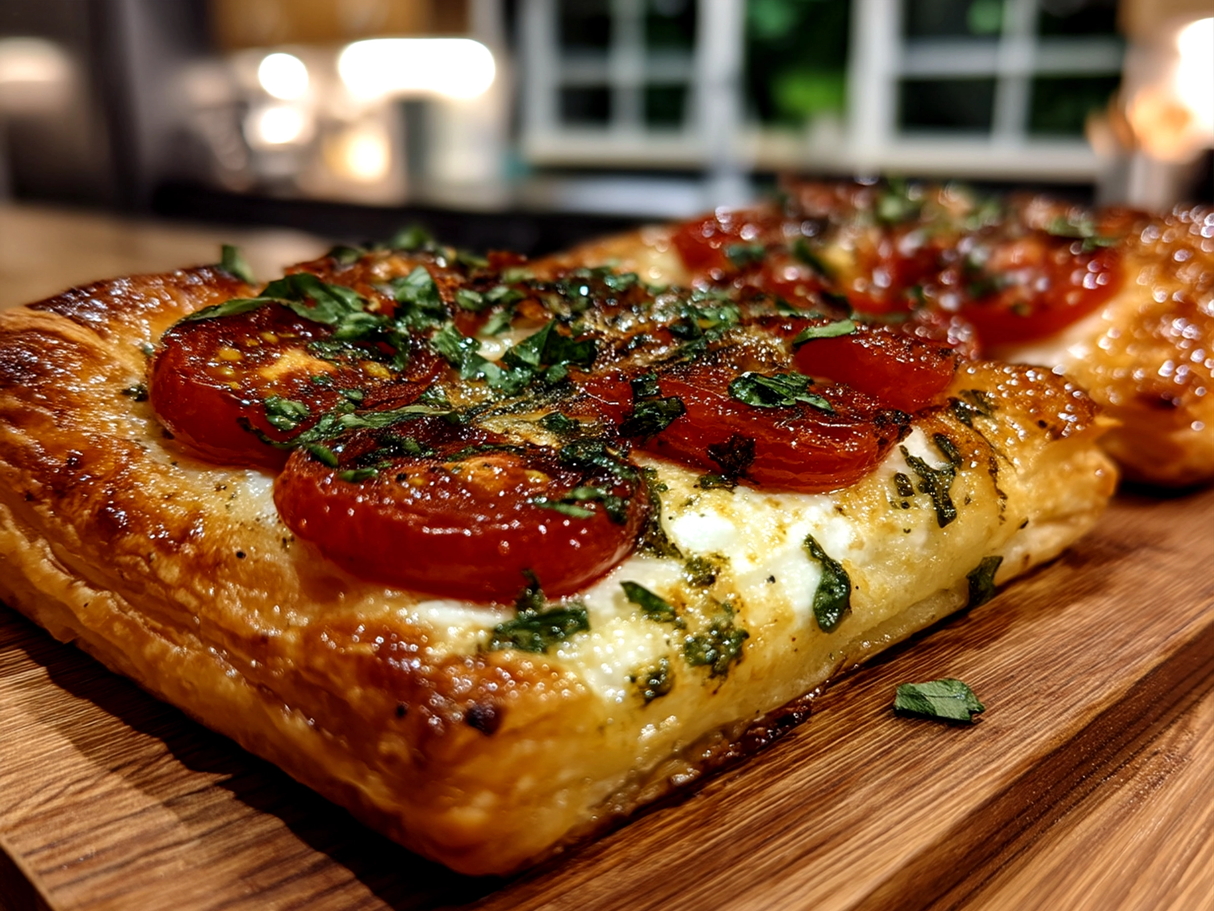 Finished serving of Puff Pastry Caprese with fresh basil and salad