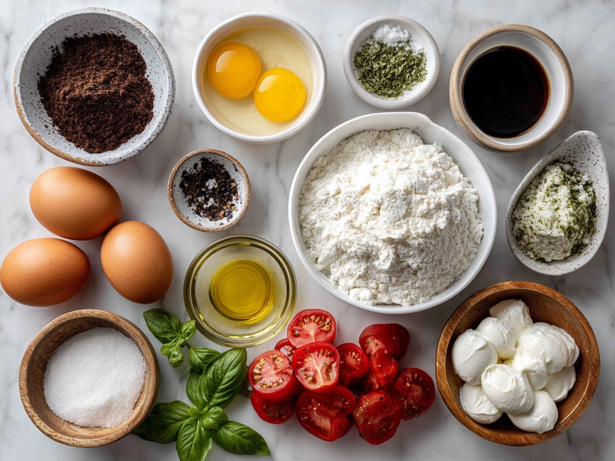 Ingredients for Puff Pastry Caprese including puff pastry, tomatoes, mozzarella, basil, olive oil, salt, pepper, and balsamic glaze