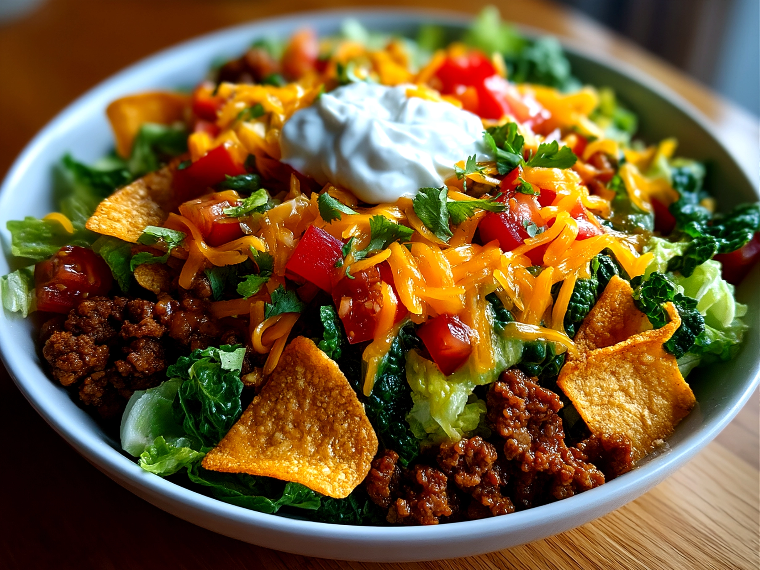 Served Ranch Taco Party Bowl topped with cheese, tomatoes, olives, and green onions