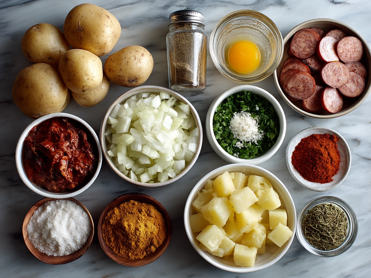 Raw ingredients for Cajun Potato Soup with Andouille Sausage arranged on white marble