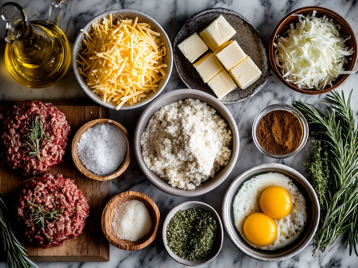 Ingredients for Shepherds Pie on a wooden board including ground lamb, onions, carrots, peas, tomato paste, broth, mashed potatoes, butter, and cheese
