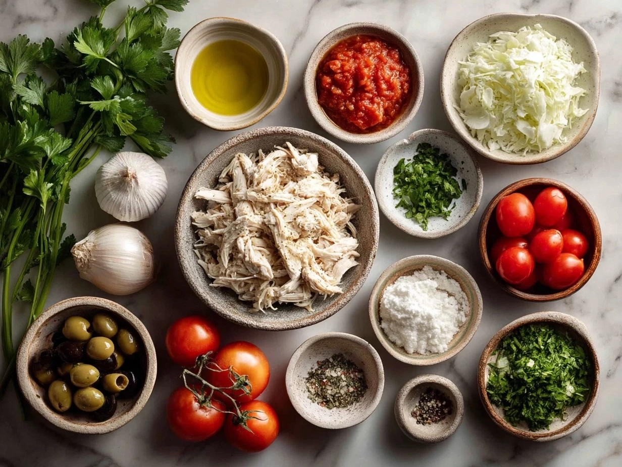 Ingredients for Shredded Chicken Enchilada Casserole laid out on a kitchen counter