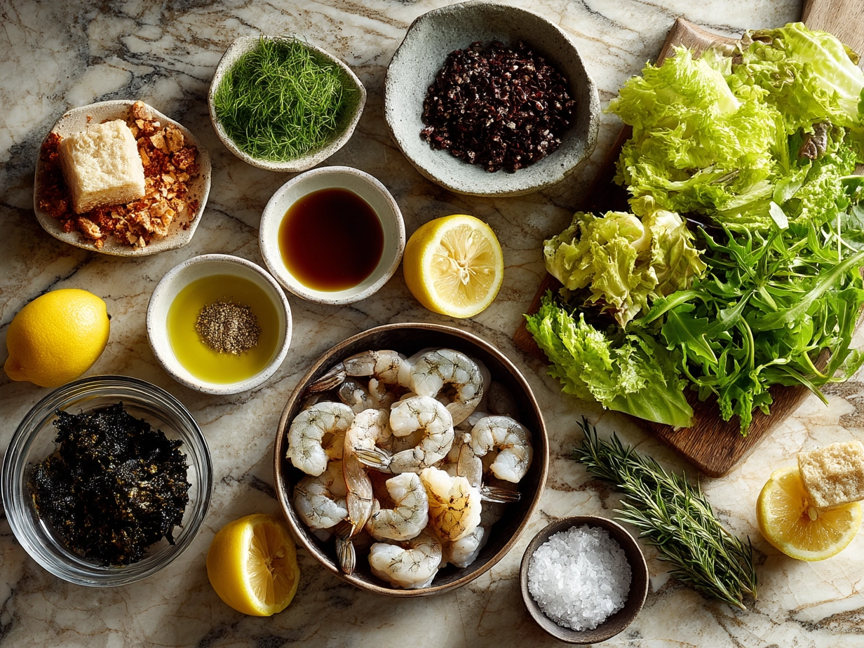 Ingredients for Shrimp Scampi Nourish Bowl with shrimp, garlic, lemon, quinoa, cherry tomatoes, cucumber, and herbs