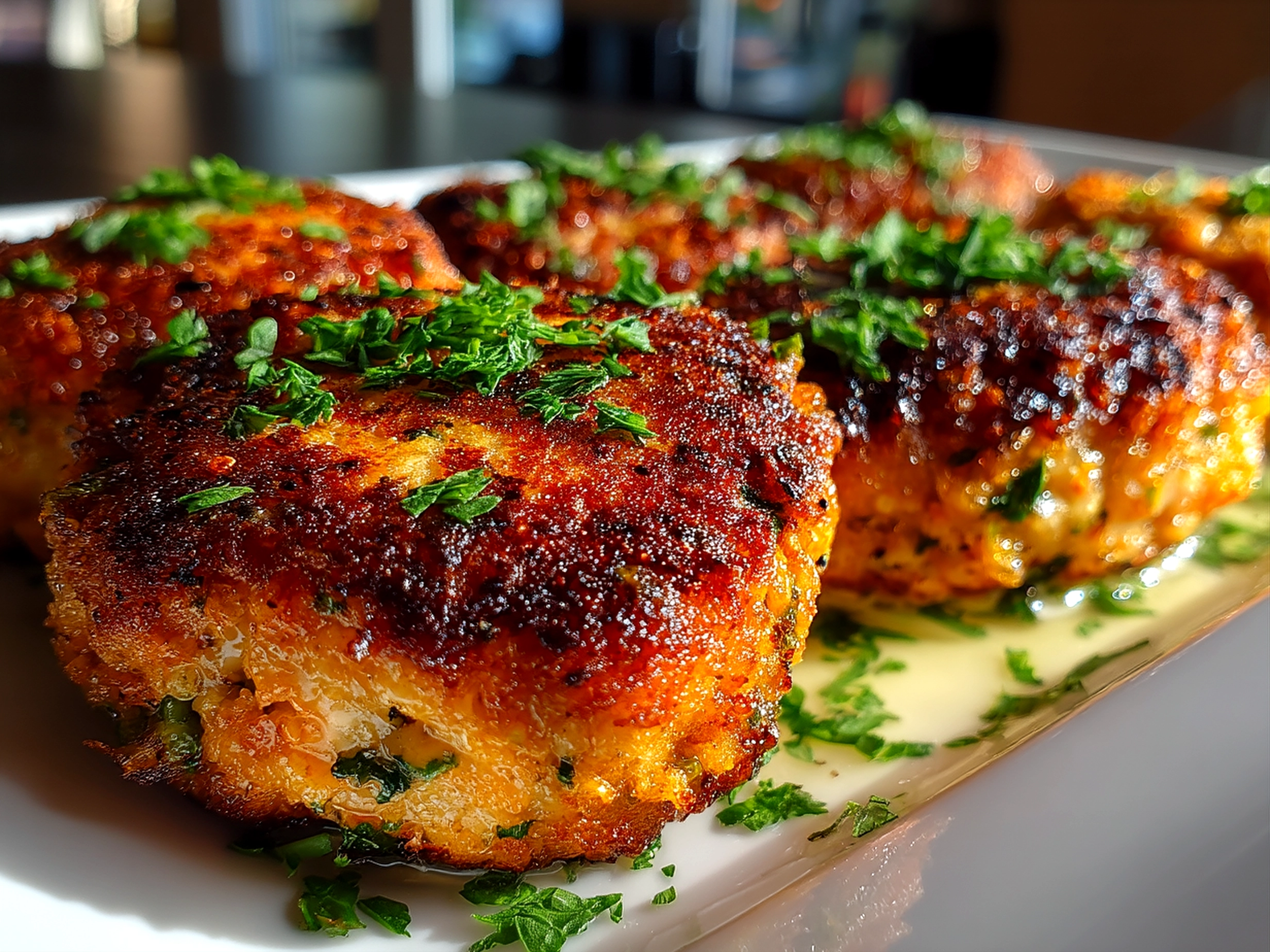 Slight angle close up finished beautiful salmon croquettes