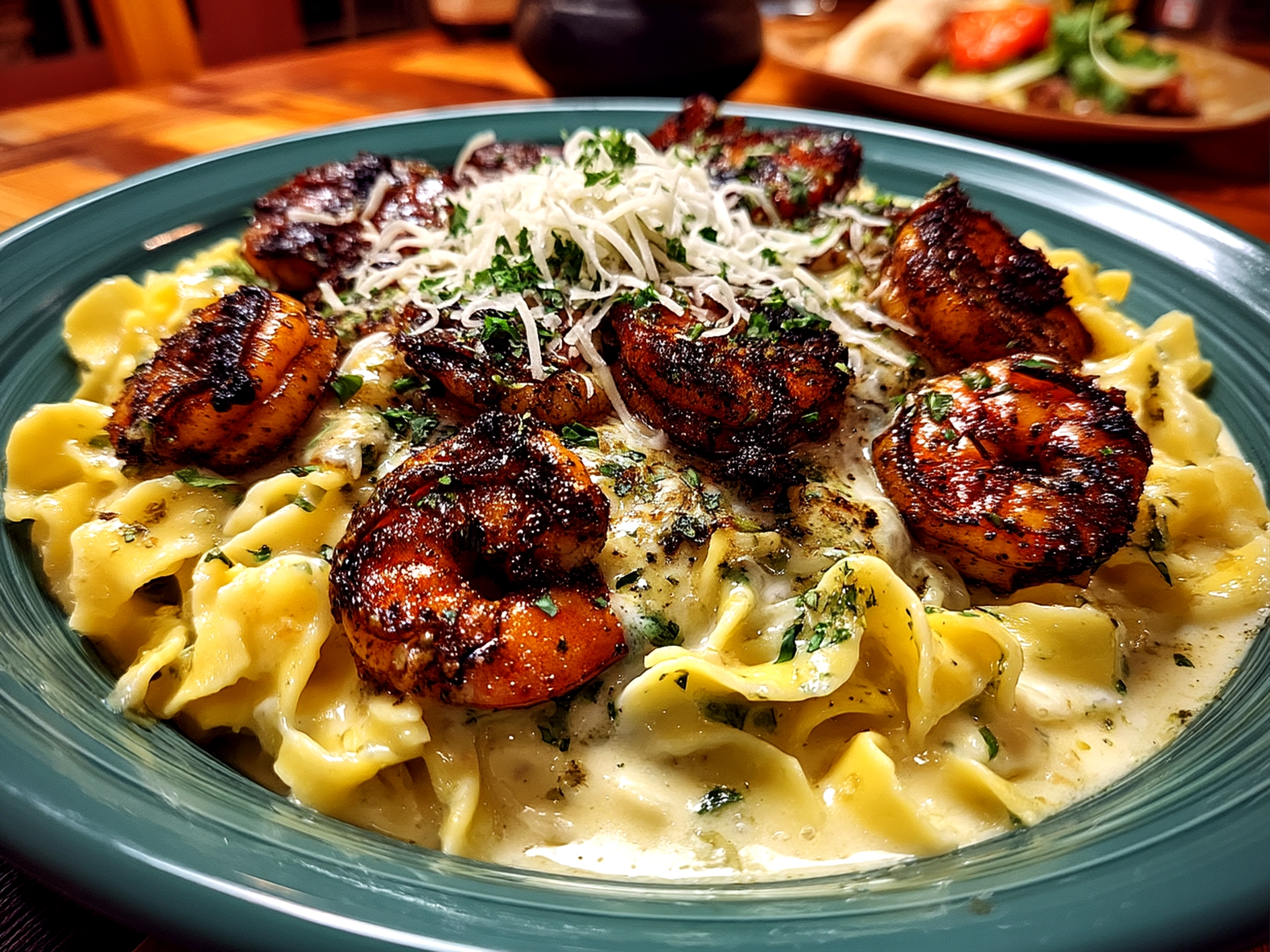 Close-up of finished blackened steak shrimp alfredo pasta with parsley garnish on top