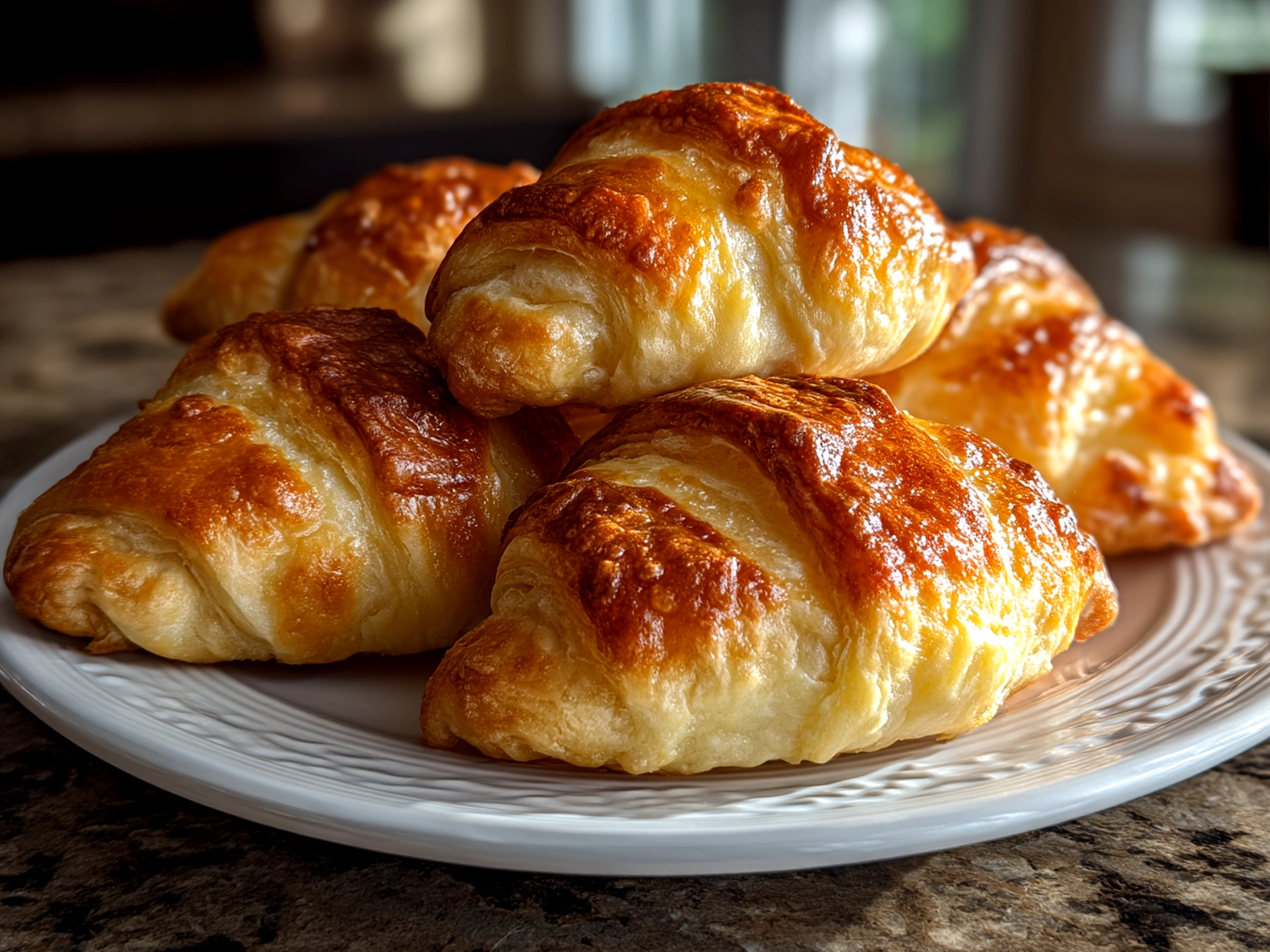 Slight angle close-up of finished Breakfast Pillsbury Crescent Rolls fresh and golden