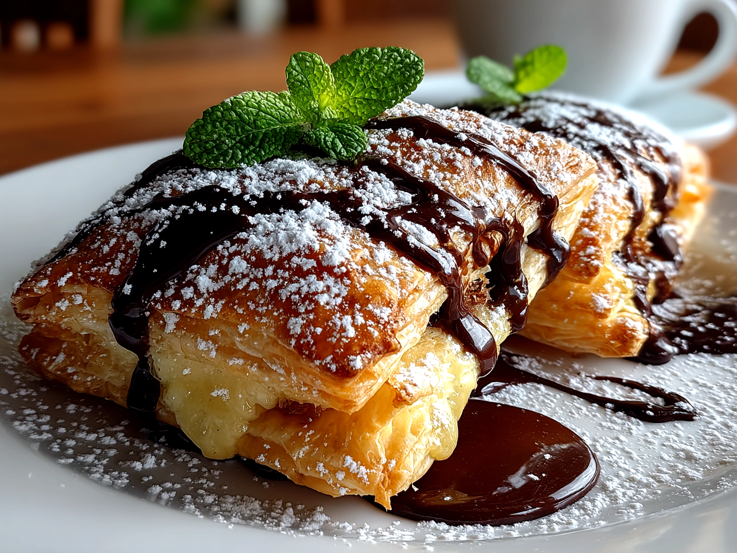 Slight angle close up of finished chocolate puff pastry with glossy surface shine