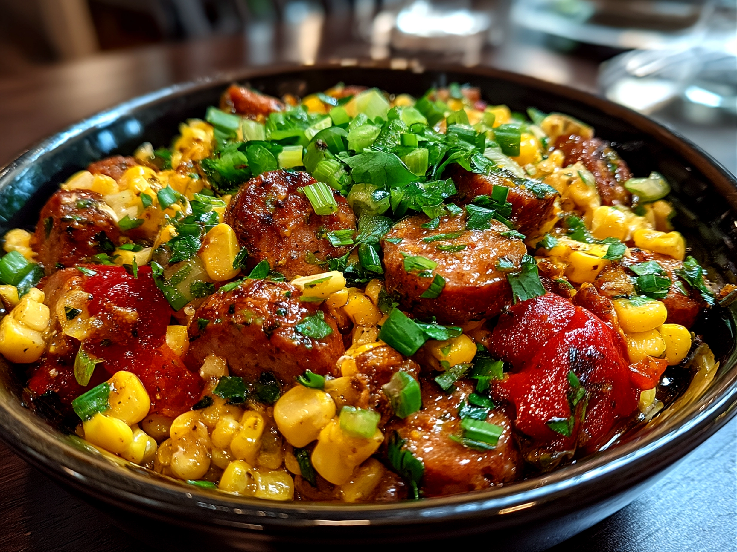 Slight angle close-up of finished comforting Maque Choux with Sausage Corn