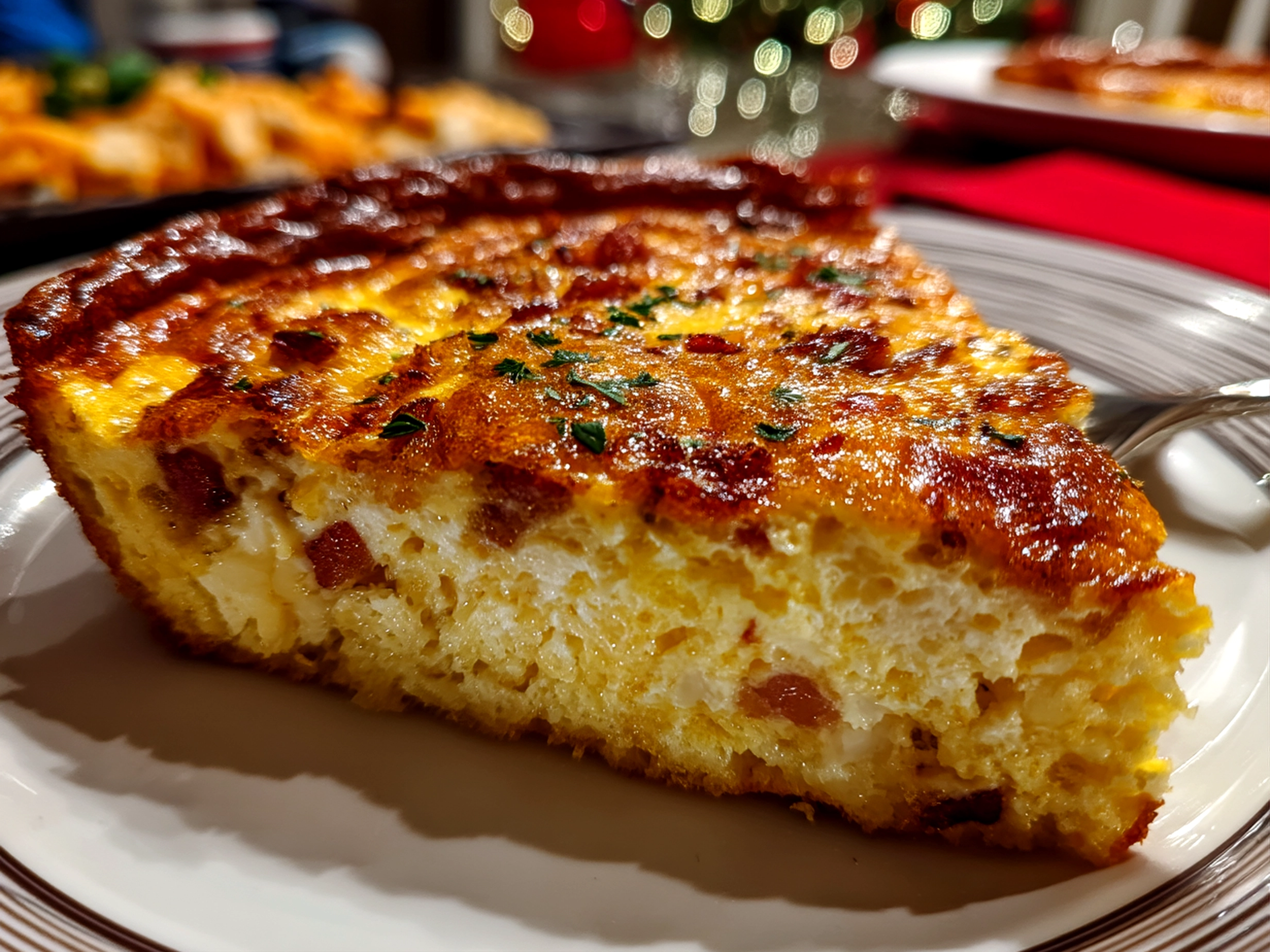 Close-up of finished crustless bacon cheese quiche with golden top