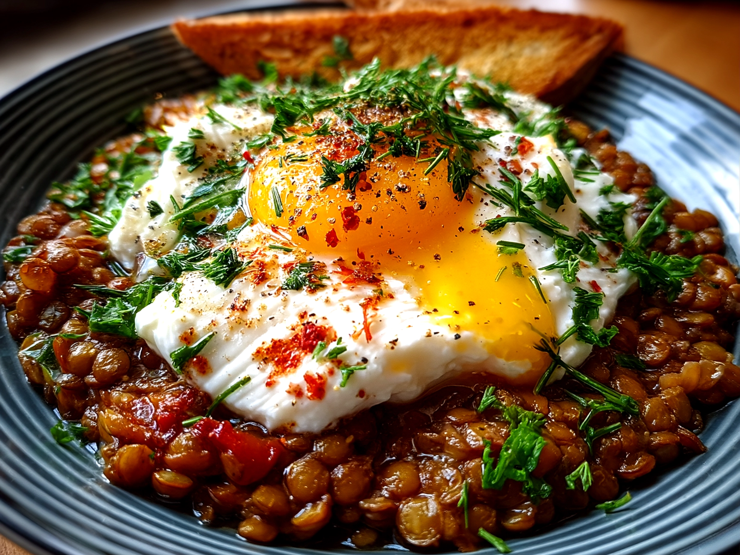 Close-up of finished Eggcentric lentils with poached egg and yogurt, garnished with herbs