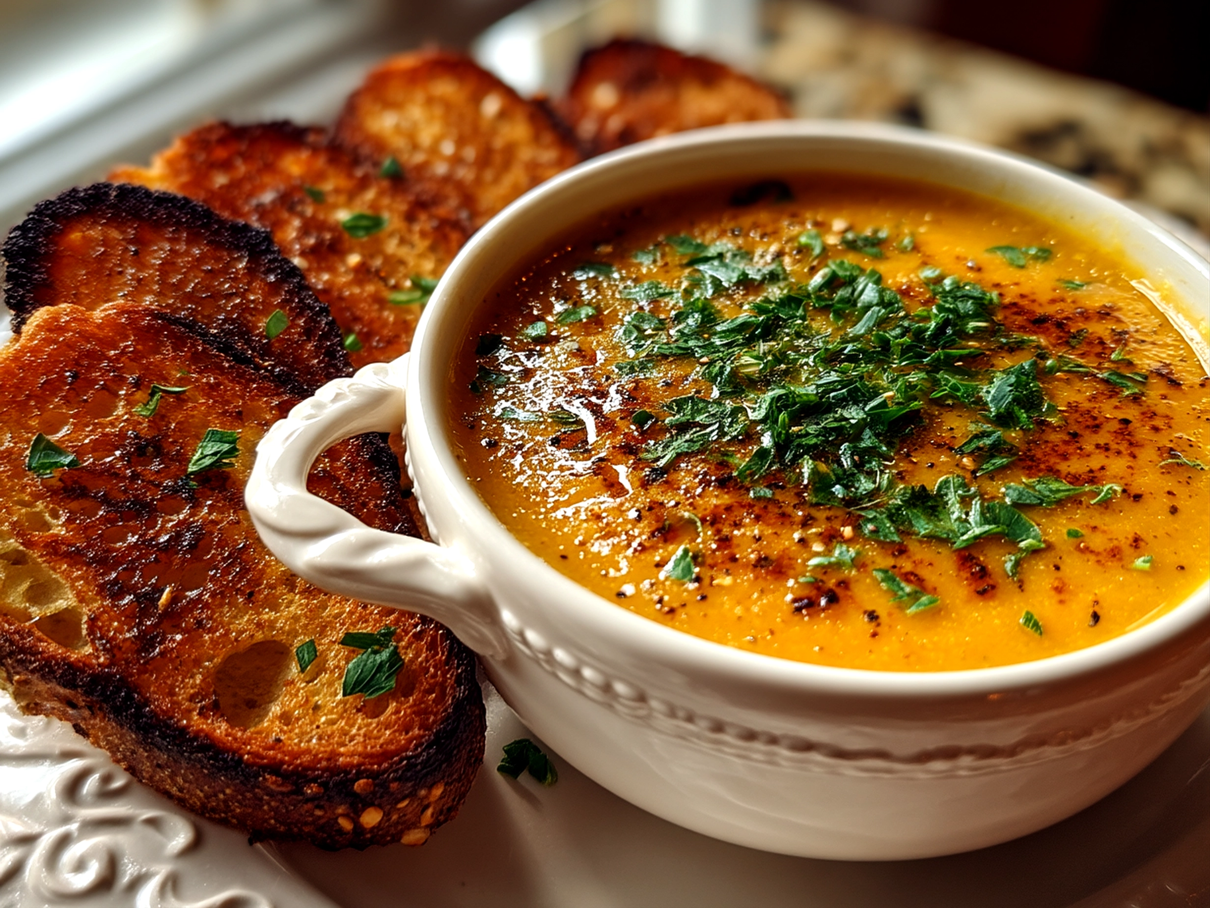 Slight angle close-up of finished homemade butternut squash soup with hearty comforting finish