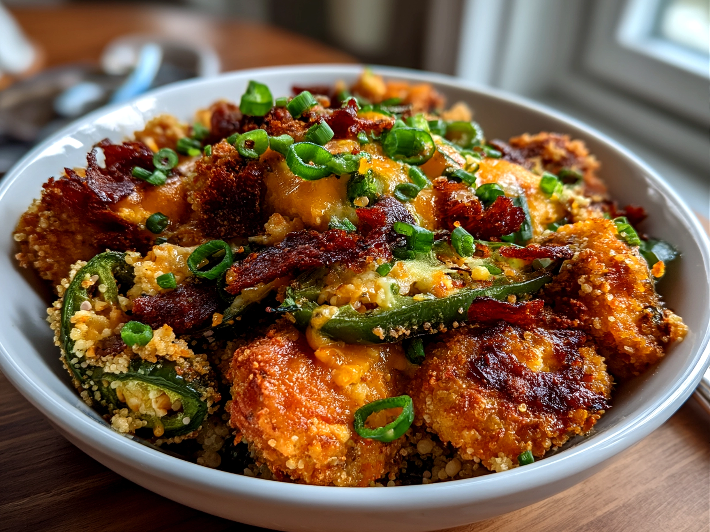 Slight angle close-up of finished Jalapeno Poppers Nourish Bowl with melted cheese and fresh cilantro