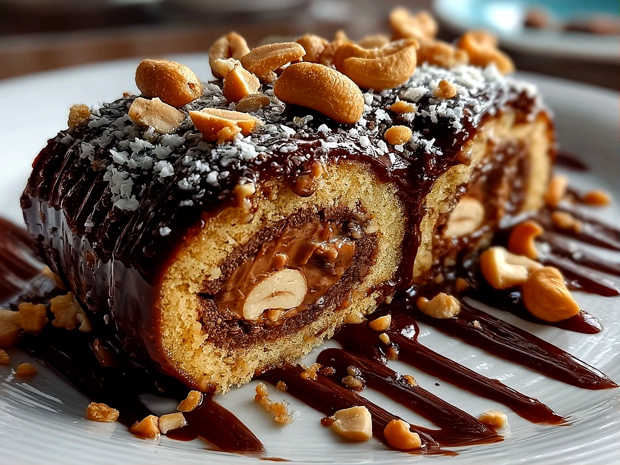 Close-up of a sliced Peanut Butter Cup Chocolate Roll dessert on a plate