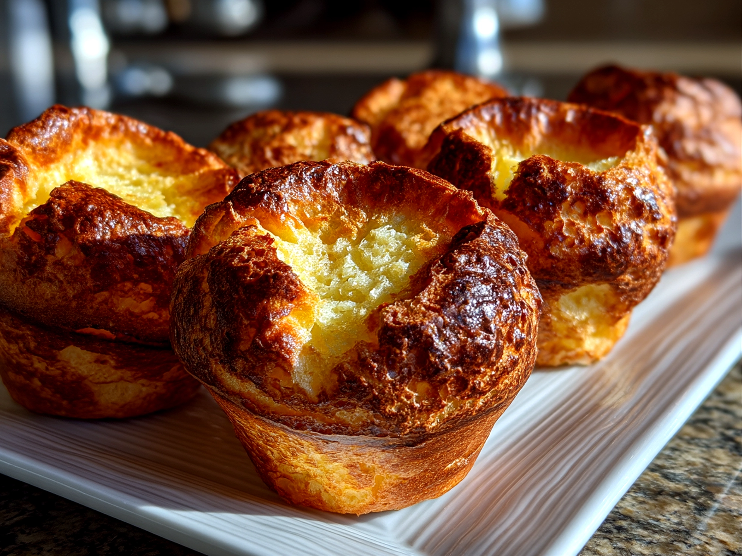 Slight angle close up of finished sourdough popovers with glossy surface