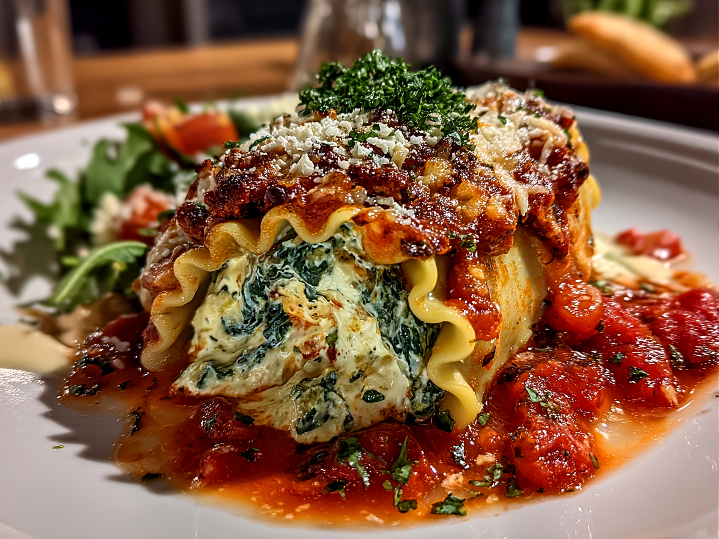 Close-up of finished spinach artichoke lasagna rolls served