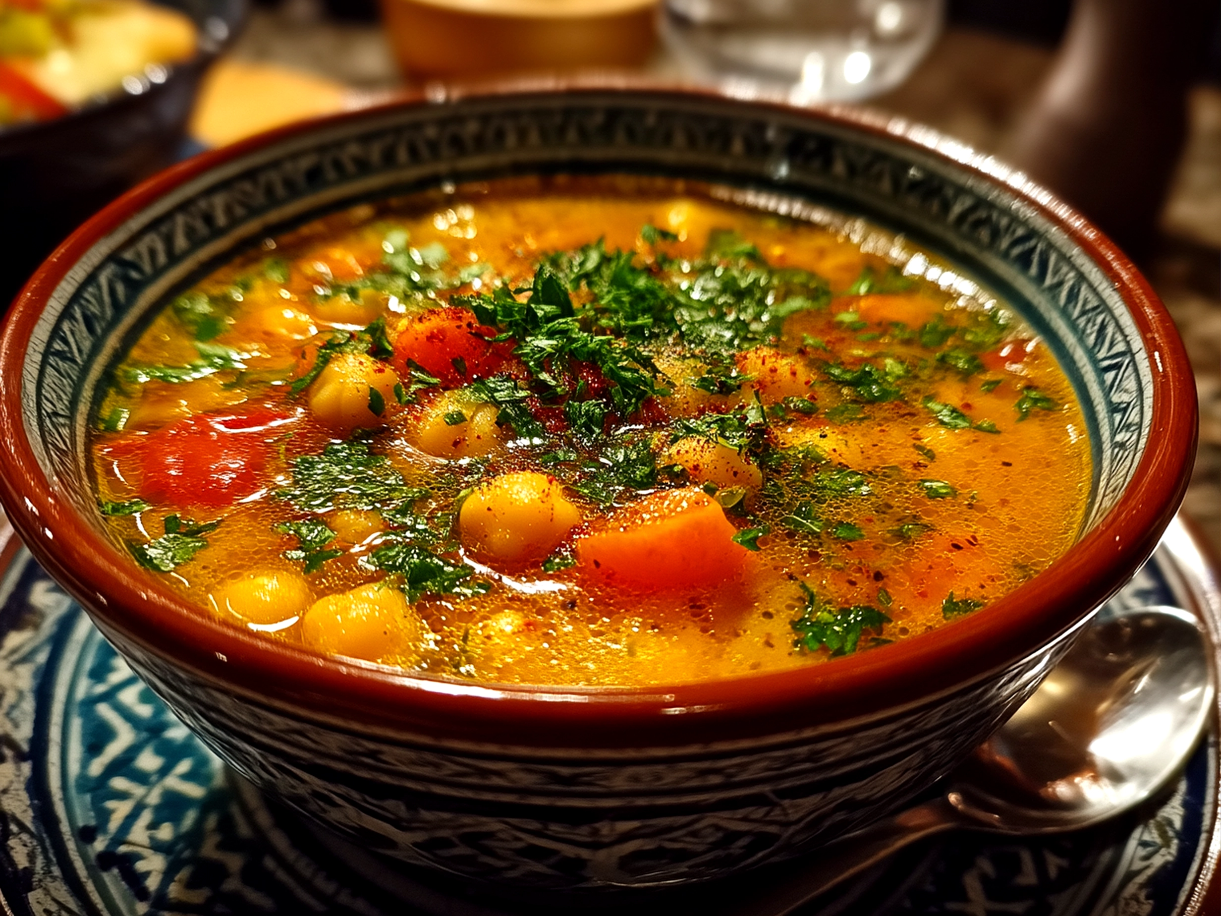 Slight angle close-up of a finished bowl of Tuscan Chickpea Soup served with crusty bread