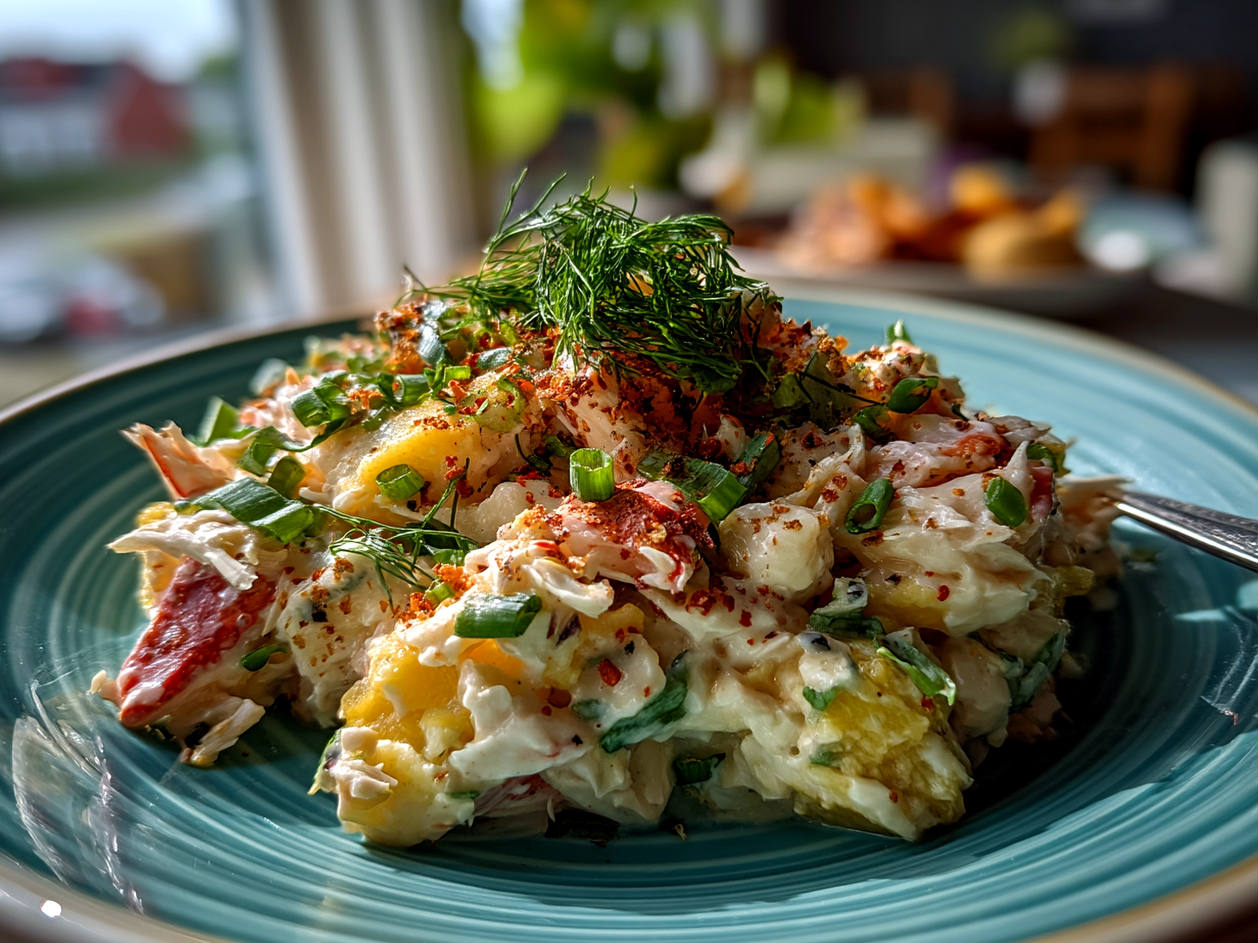 Close-up of finished crab salad served chilled