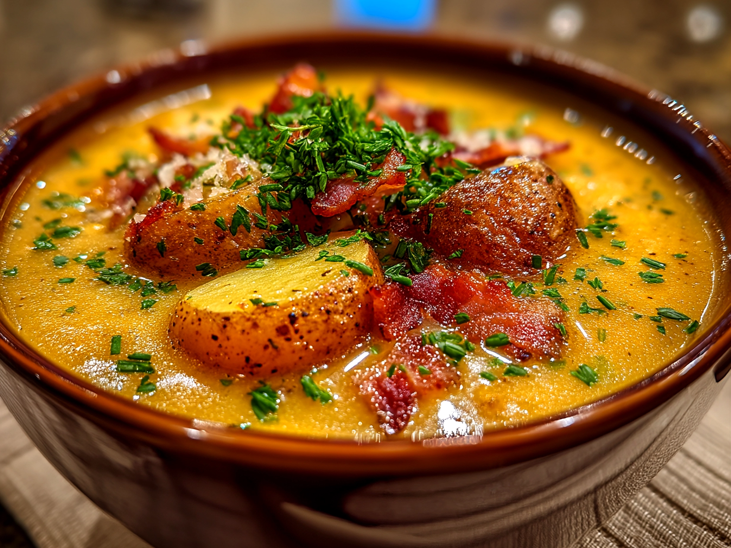 Slight angle close-up of finished creamy potato soup served in a bowl
