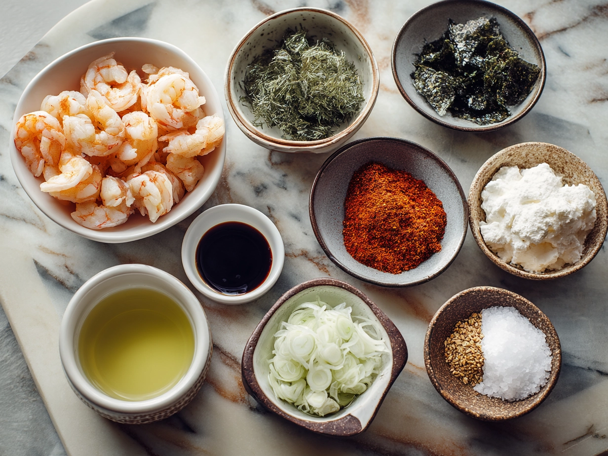 Ingredients for Spicy Shrimp Sushi Stacks including sushi rice, shrimp, avocado, cucumber, seaweed, and spicy mayo