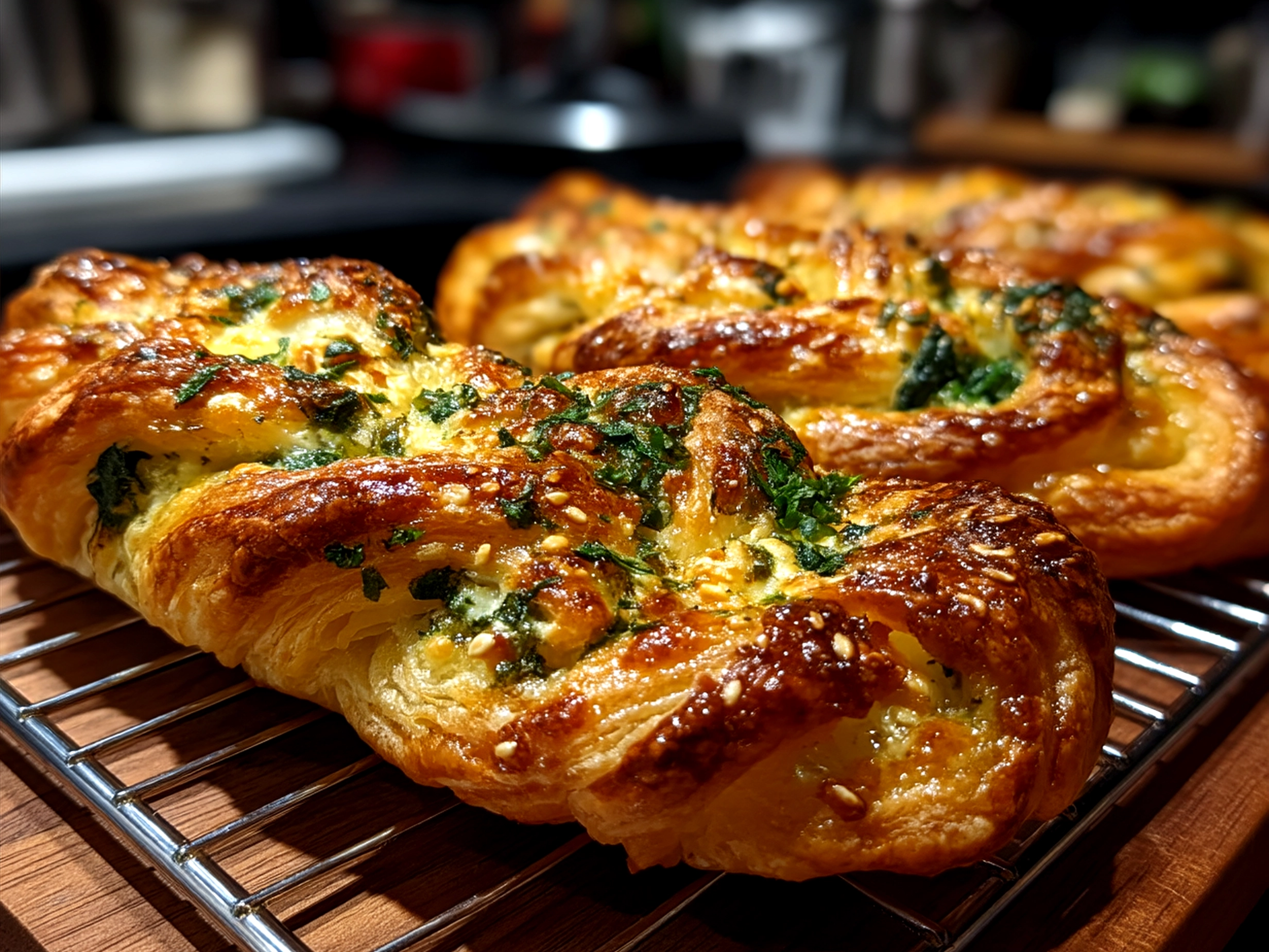 Served Spinach and Feta Puff Pastry Twists on a plate