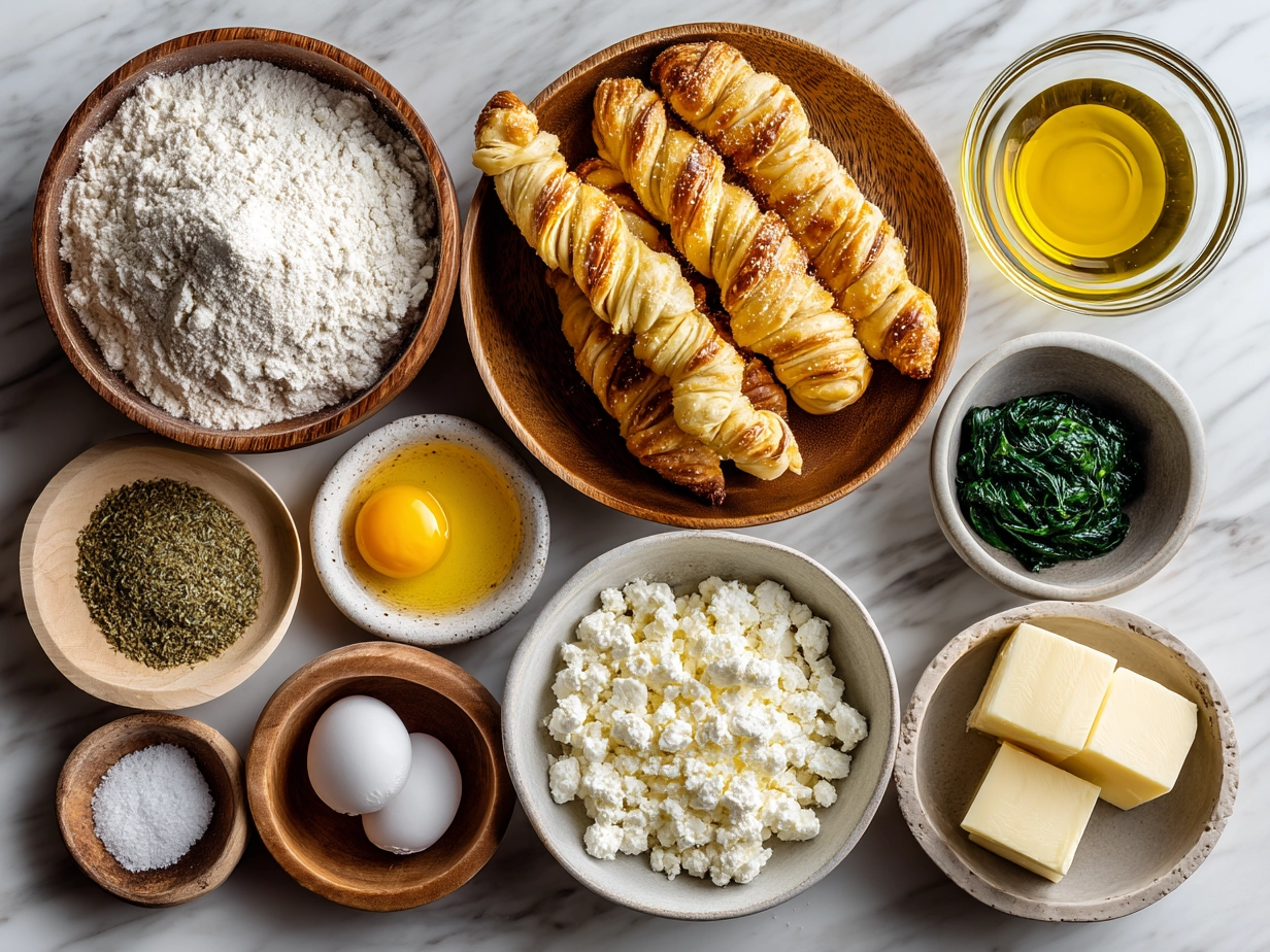 Ingredients for Spinach and Feta Puff Pastry Twists: puff pastry, spinach, feta cheese, egg, onion, garlic, olive oil