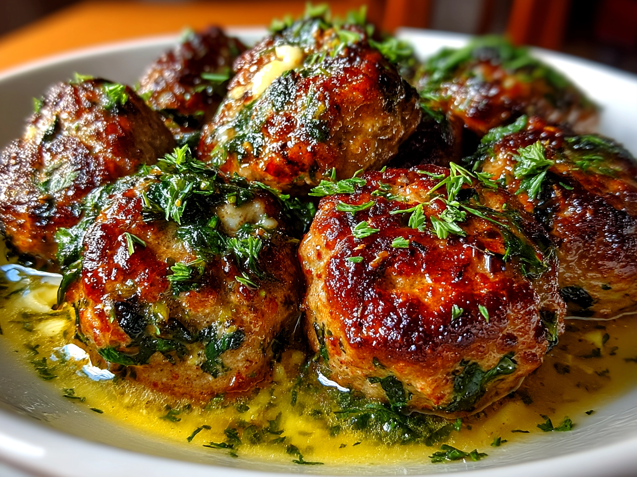 A plate of cooked Spinach Garlic Meatballs served over pasta with a side salad, ready to eat