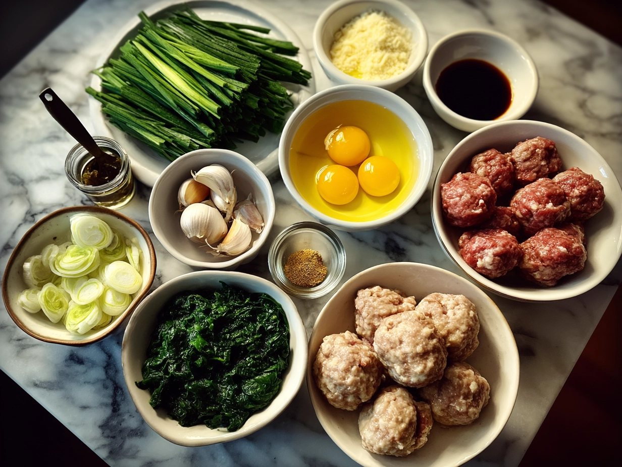 Ingredients for Spinach Garlic Meatballs laid out on a table including ground beef, spinach, garlic, breadcrumbs, Parmesan cheese, egg, Italian seasoning, and olive oil