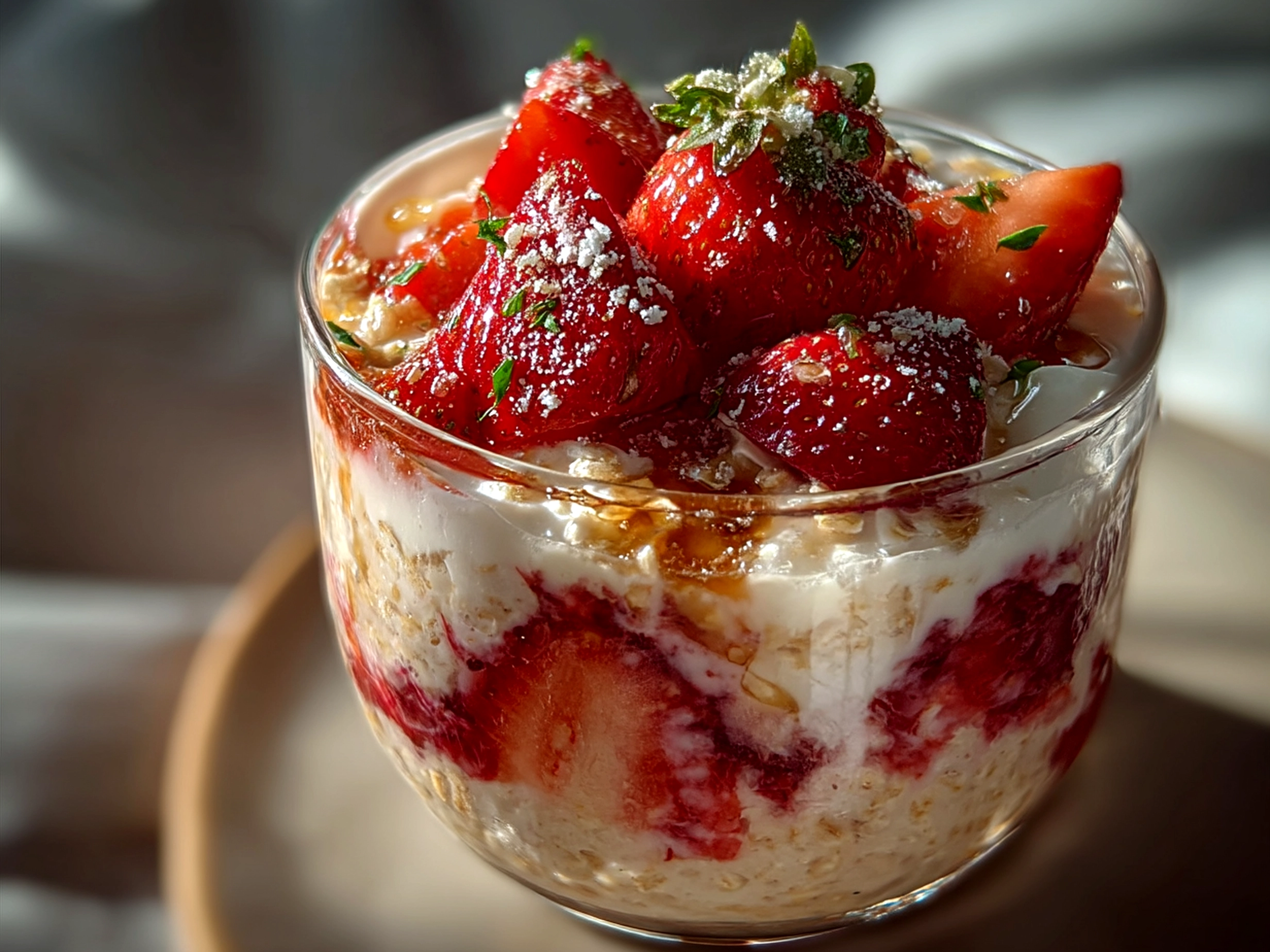 A jar of Strawberry Cheesecake Overnight Oats topped with fresh strawberries and granola ready to serve