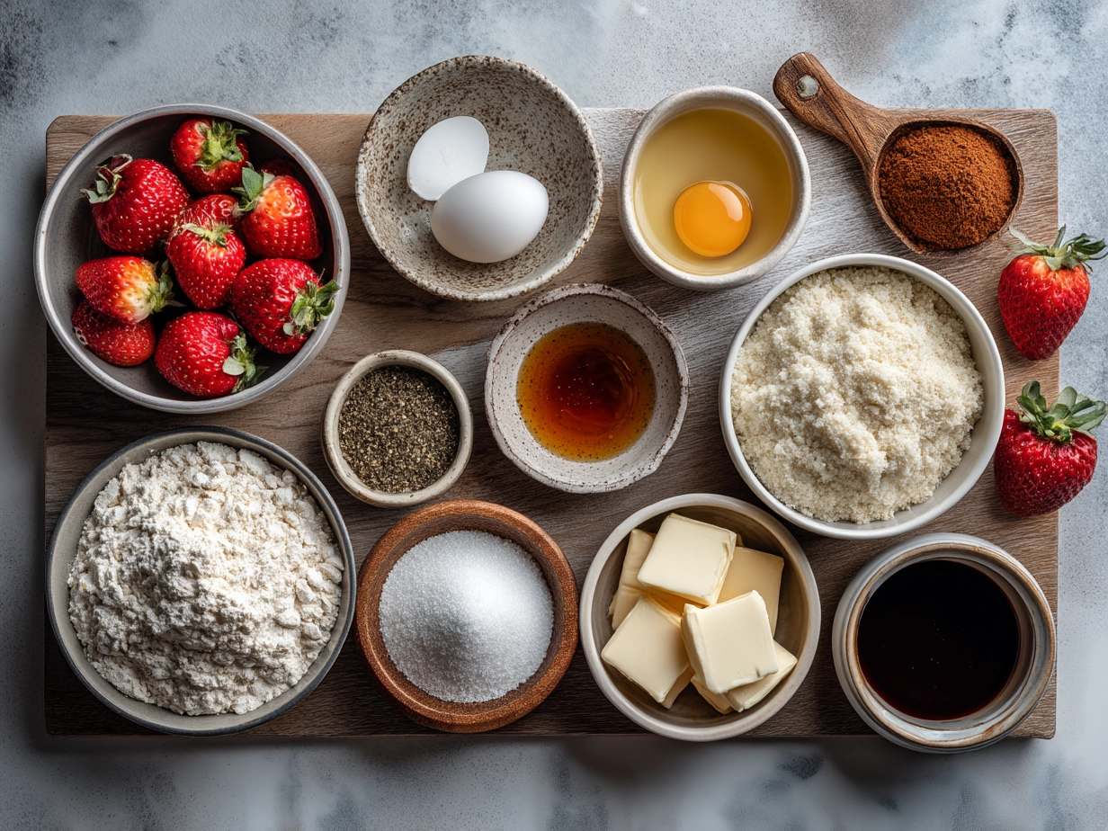 Ingredients needed for Strawberry Cheesecake Overnight Oats including oats, cream cheese, strawberries, milk, and chia seeds