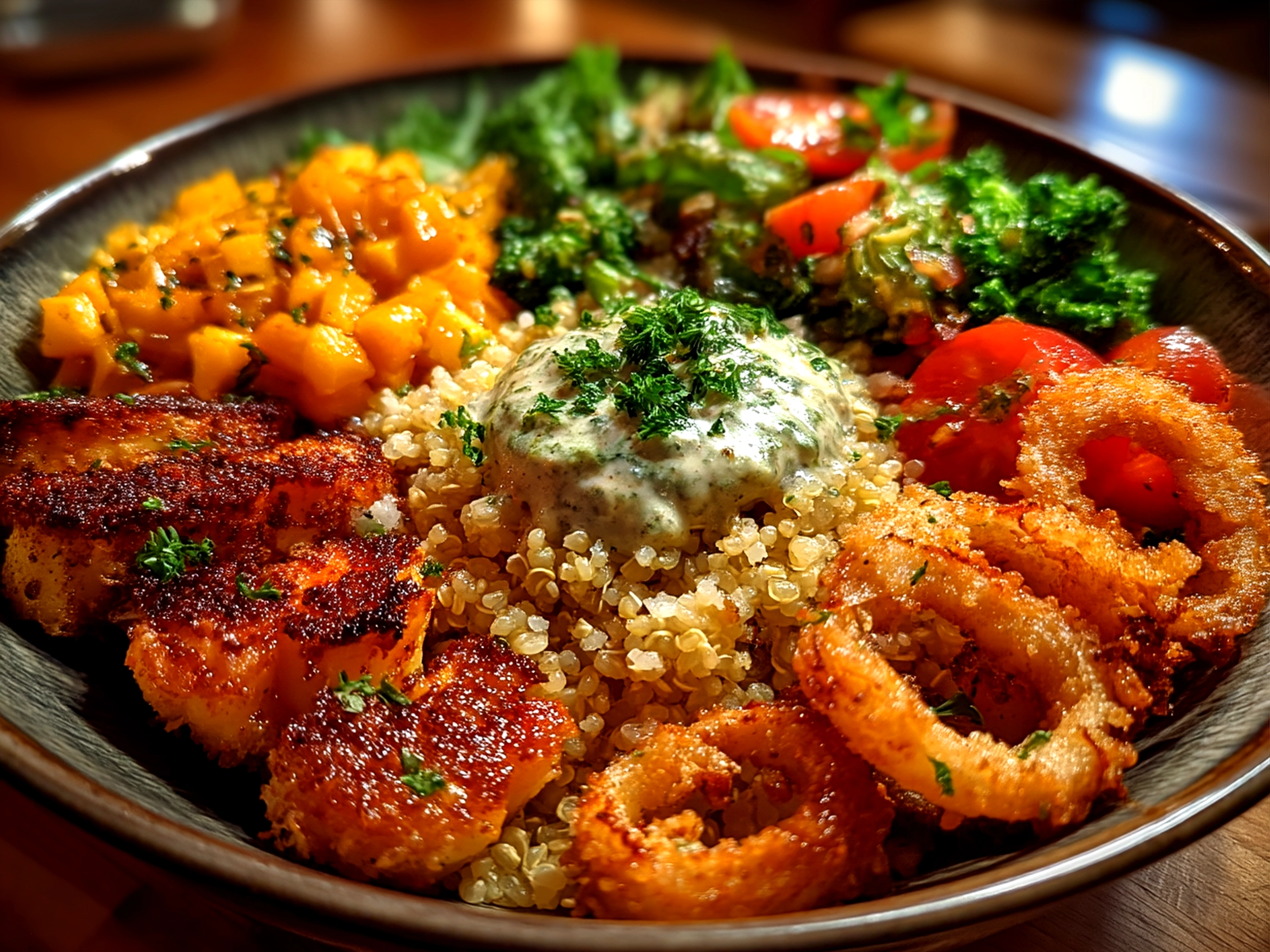 Final served Superbowl Food Nourish Bowl with vibrant greens, sweet potatoes, avocado, and cheese