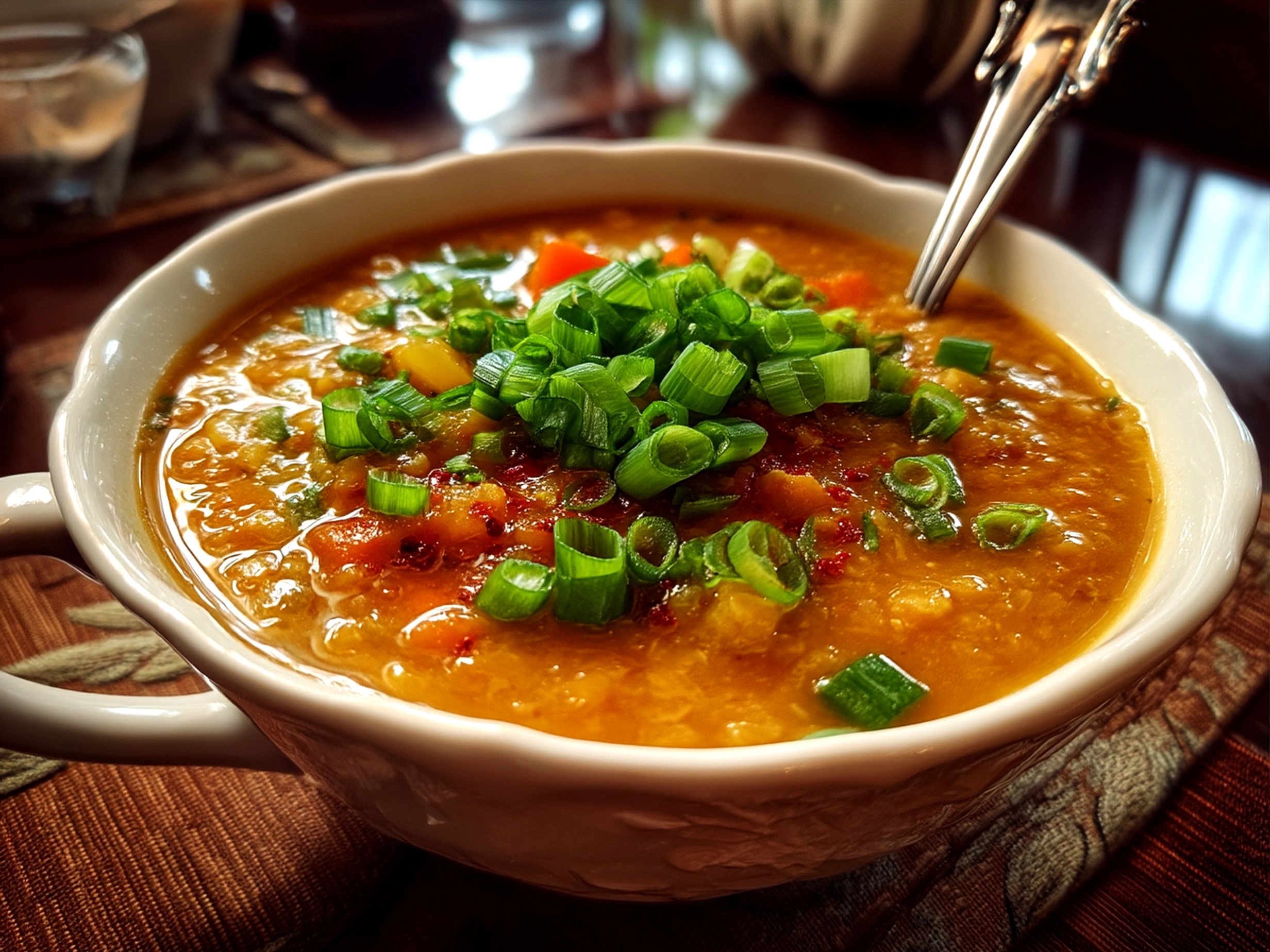 Bowl of Thai Coconut Red Lentil Soup garnished with cilantro and chili flakes