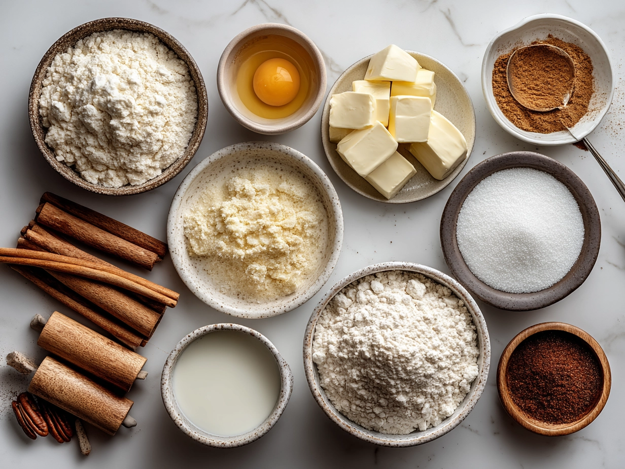 Top down view of ingredients for Peach Cobbler Cheesecake including fresh peaches, cream cheese, eggs, sugar, butter and spices