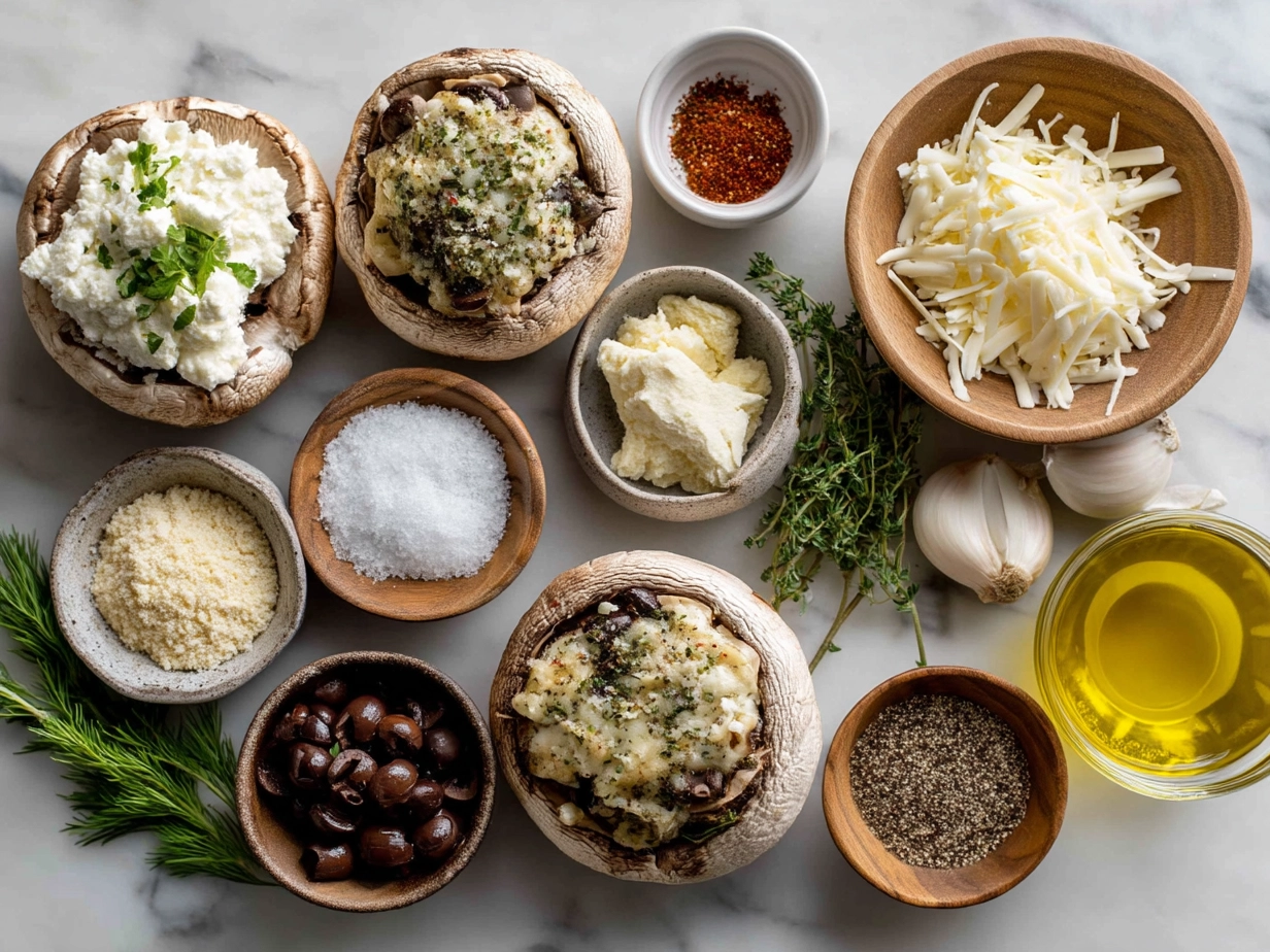Ingredients for Baked Stuffed Portobello Mushrooms arranged on marble surface