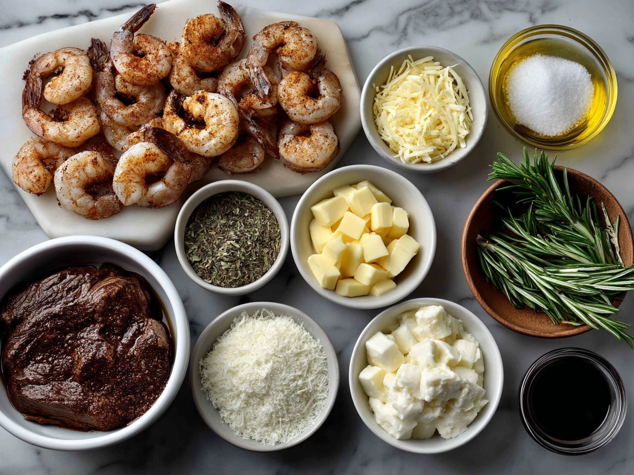 Top down view of raw ingredients for blackened steak shrimp alfredo, including steak, shrimp, garlic, pasta, and spices