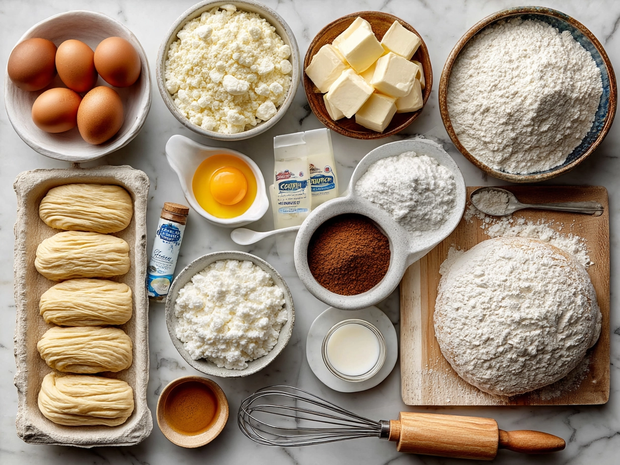 Ingredients for Breakfast Pillsbury Crescent Rolls laid out on marble surface